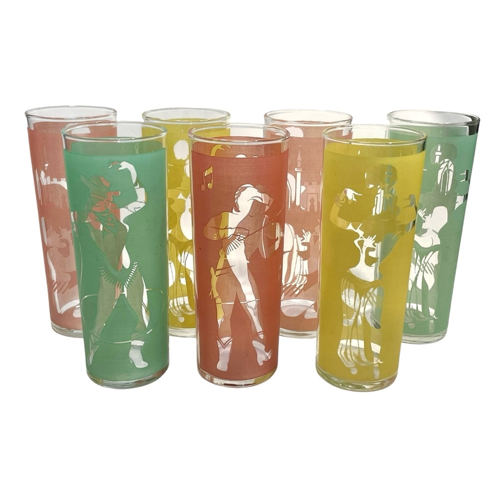 Vintage 1950s Dominion Glass Highball Set (7) Cowboys/Snake Charmer/Belly Dancer